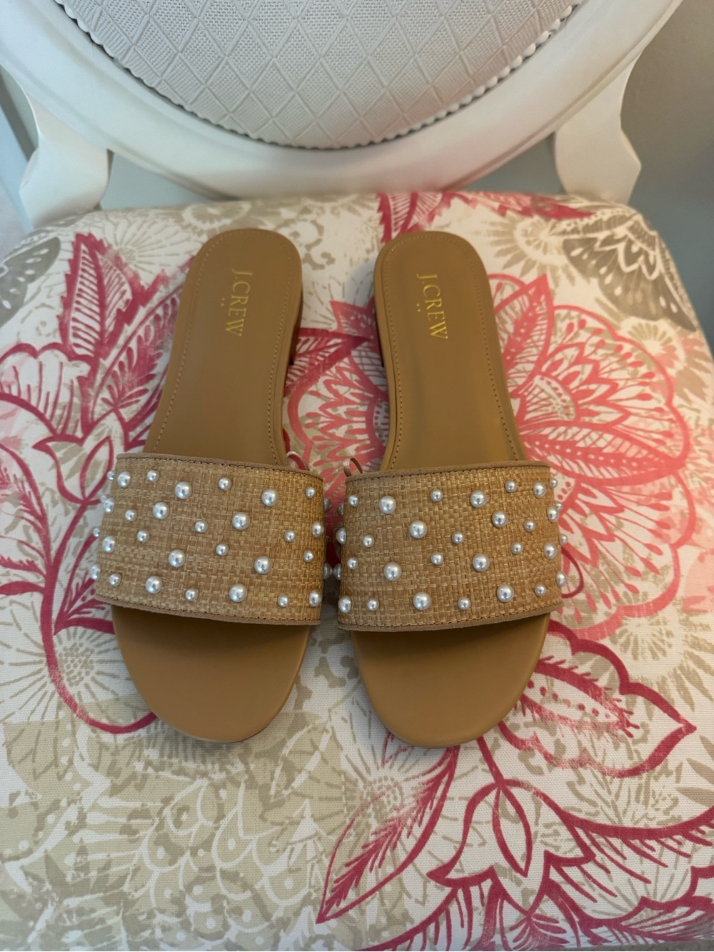 J. Crew Tan Pearl-Embellished Slide Mules